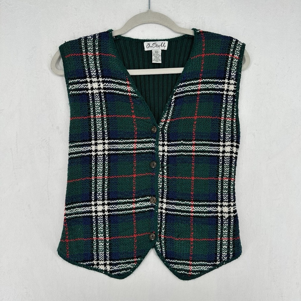 Vintage One Step Up Knit Plaid Button Front Vest Womens Size Medium Green